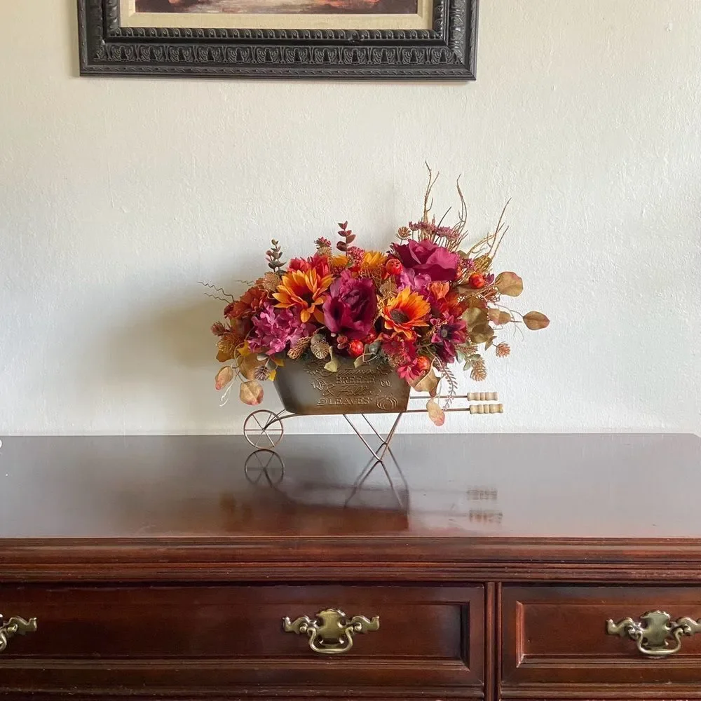 Faux Floral Bouquet In Garden Cart With Pink Roses